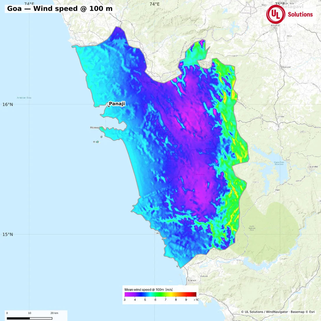 Wind speed map of Goa at 100m hub height