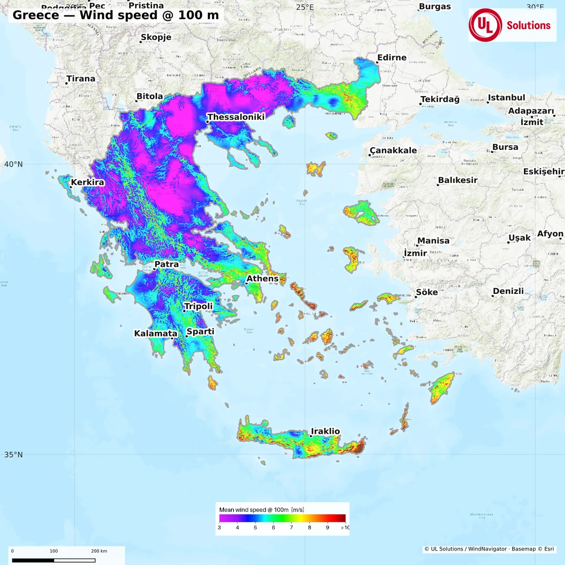 Wind speed map of Greece at 100m hub height