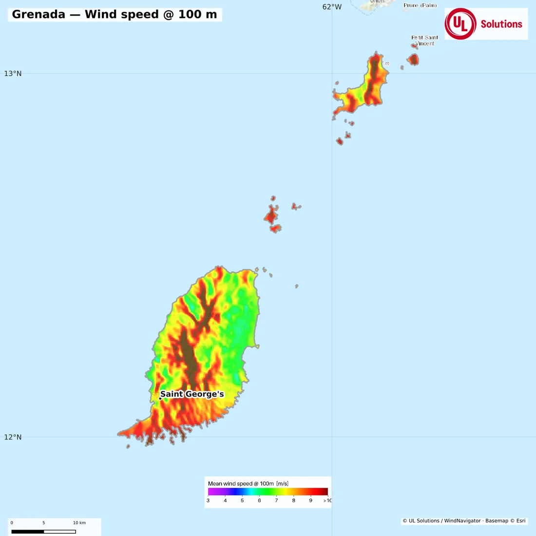 Wind speed map of Grenada at 100m hub height