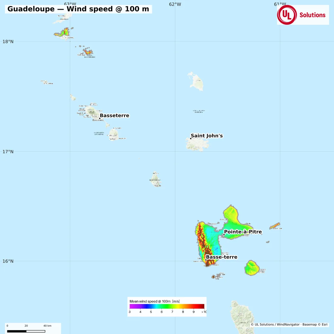 Wind speed map of Guadeloupe at 100m hub height