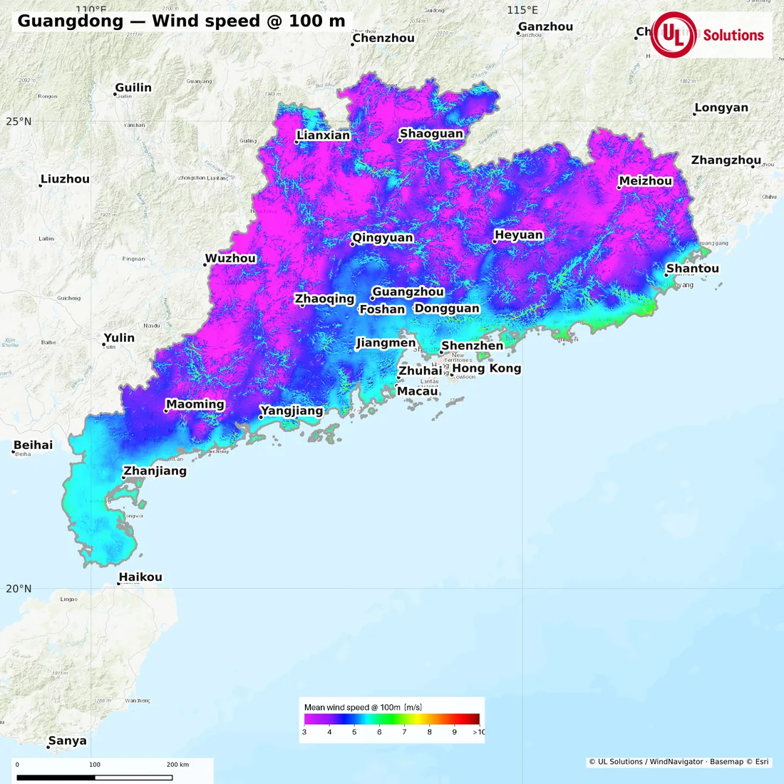 Wind speed map of Guangdong at 100m hub height