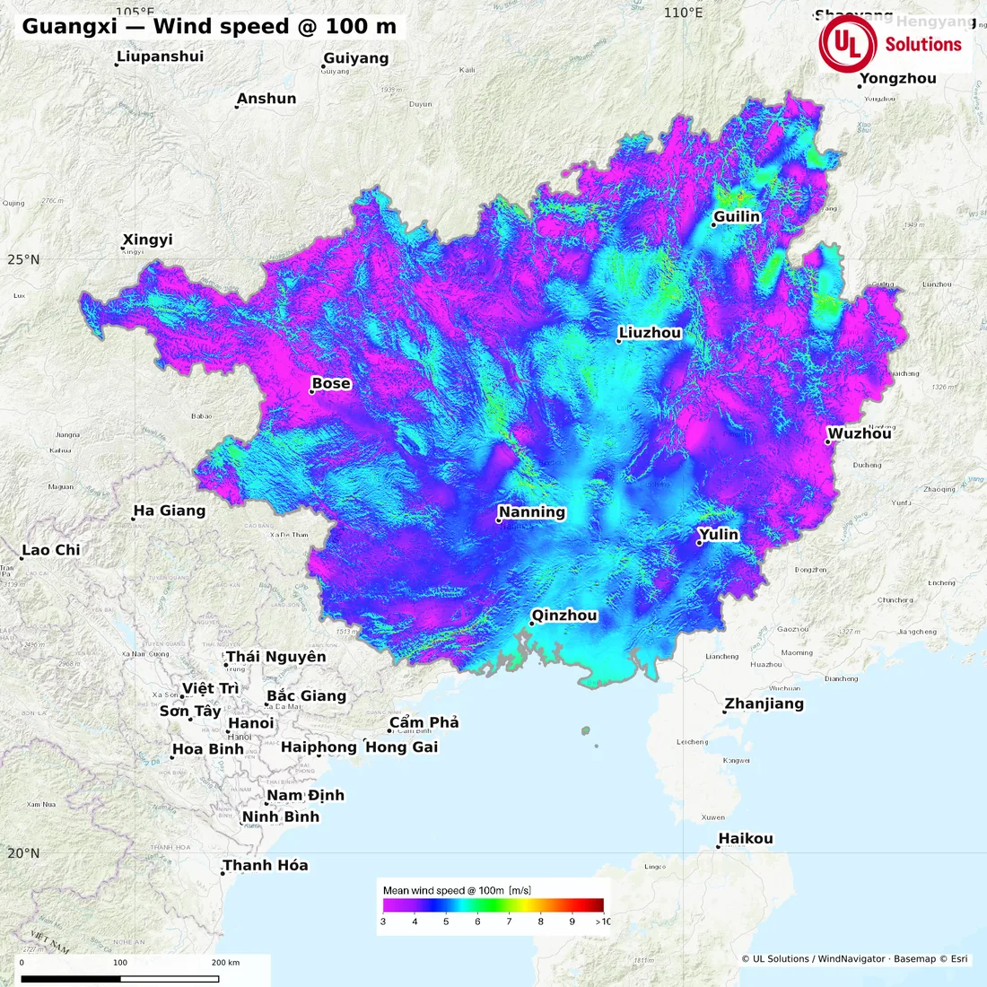 Wind speed map of Guangxi at 100m hub height