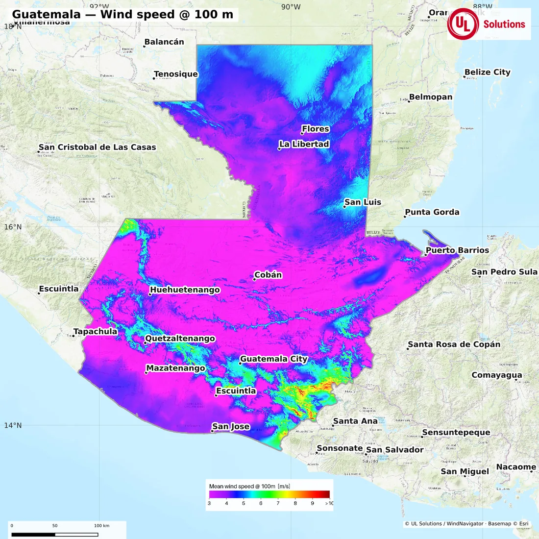 Wind speed map of Guatemala at 100m hub height