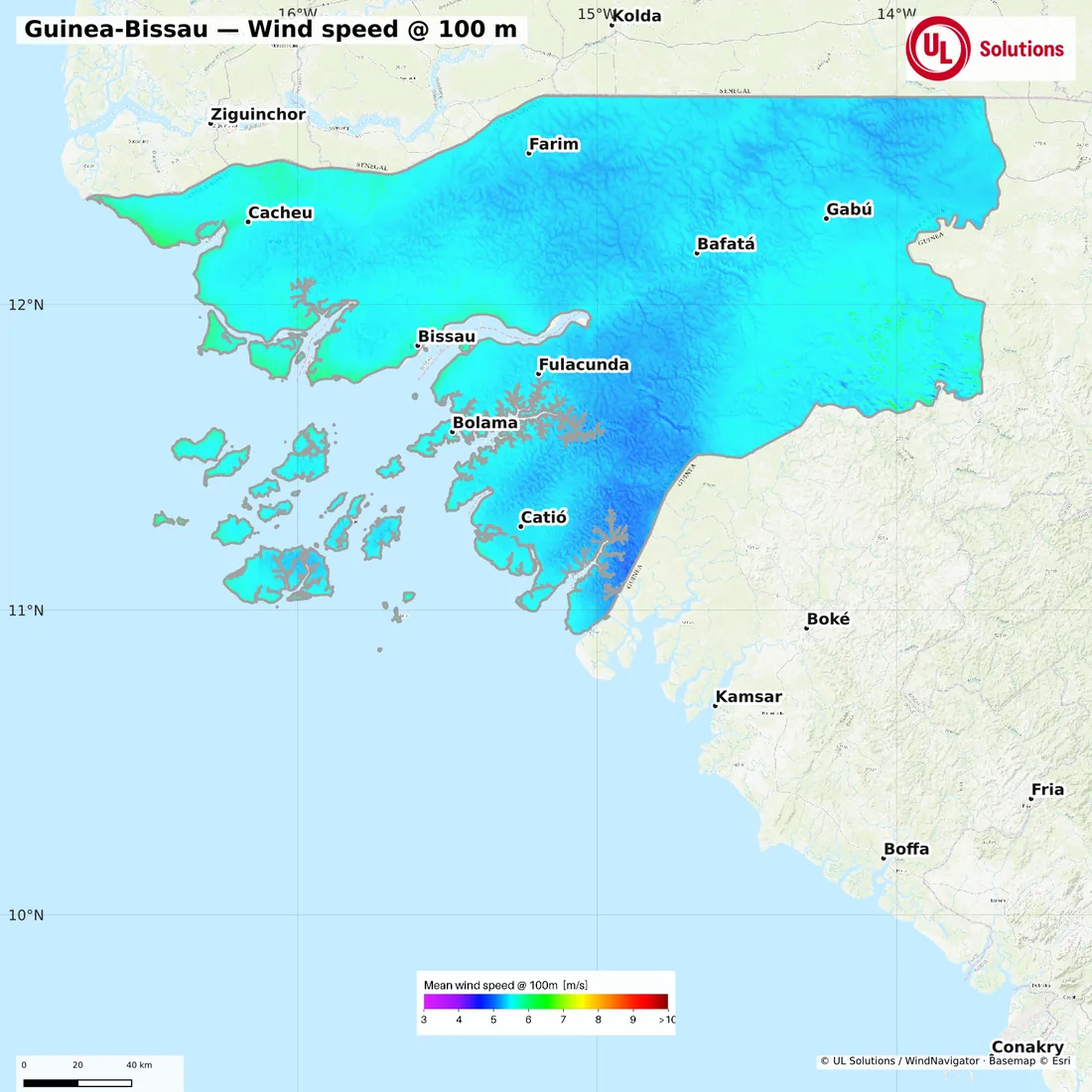 Wind speed map of Guinea-Bissau at 100m hub height