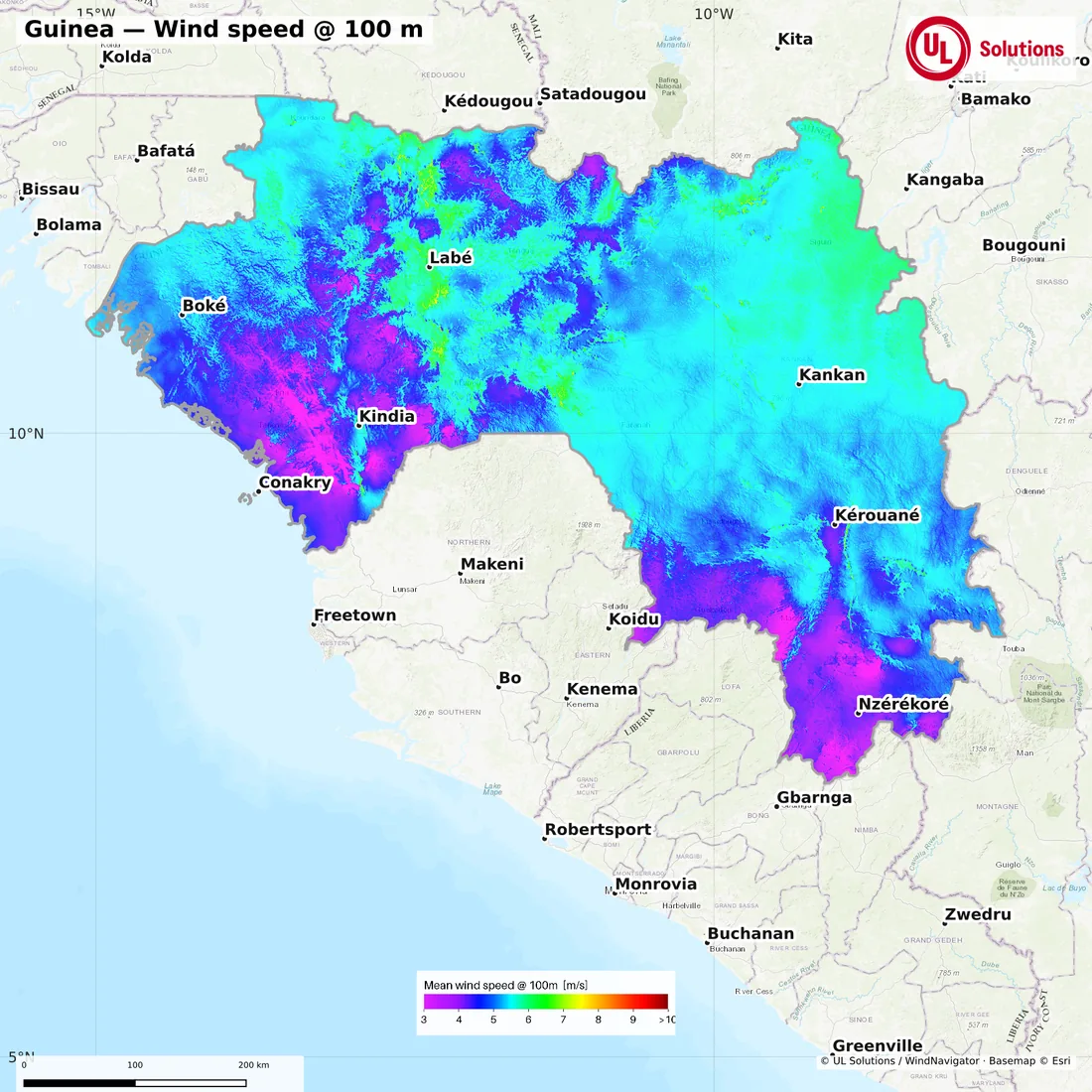 Wind speed map of Guinea at 100m hub height