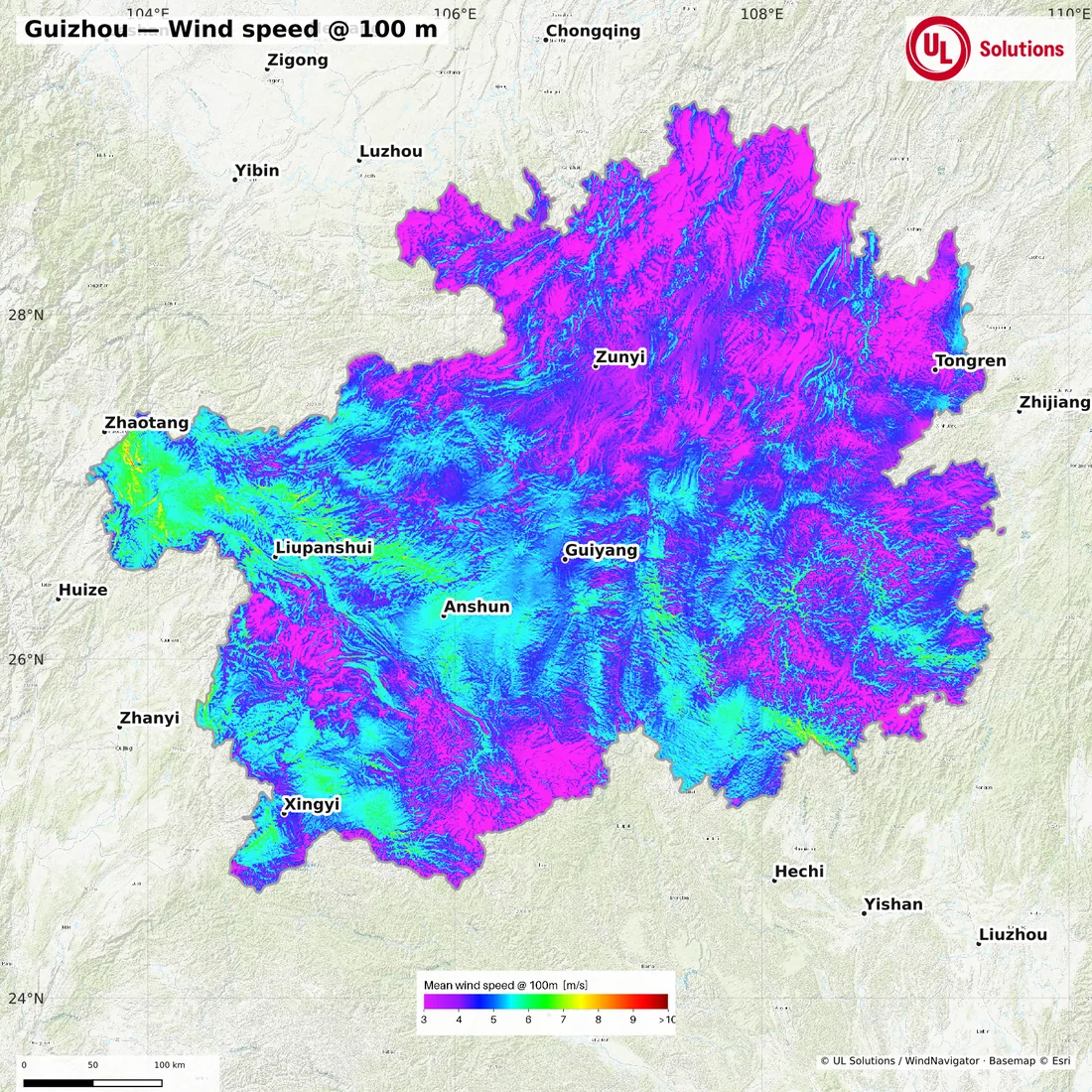 Wind speed map of Guizhou at 100m hub height