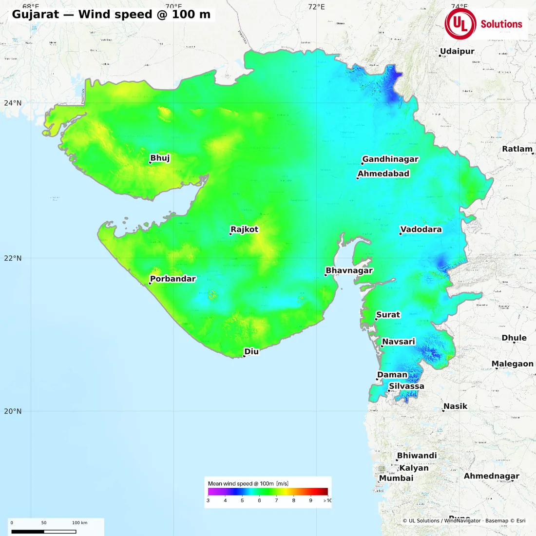 Wind speed map of Gujarat at 100m hub height