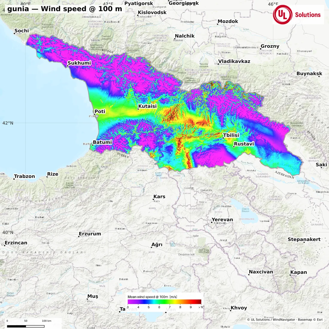 Wind speed map of gunia at 100m hub height