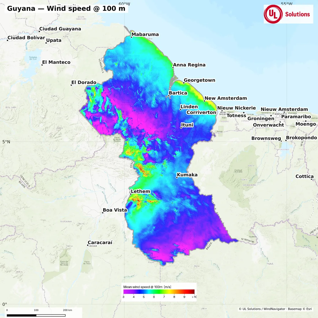 Wind speed map of Guyana at 100m hub height