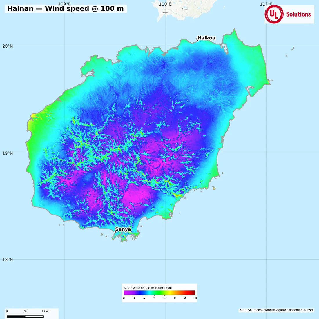 Wind speed map of Hainan at 100m hub height