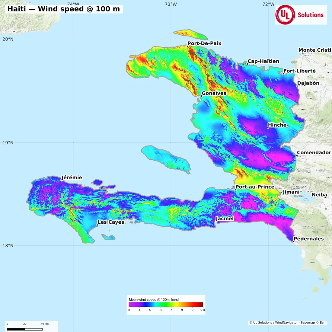 Wind speed map of Haiti at 100m hub height