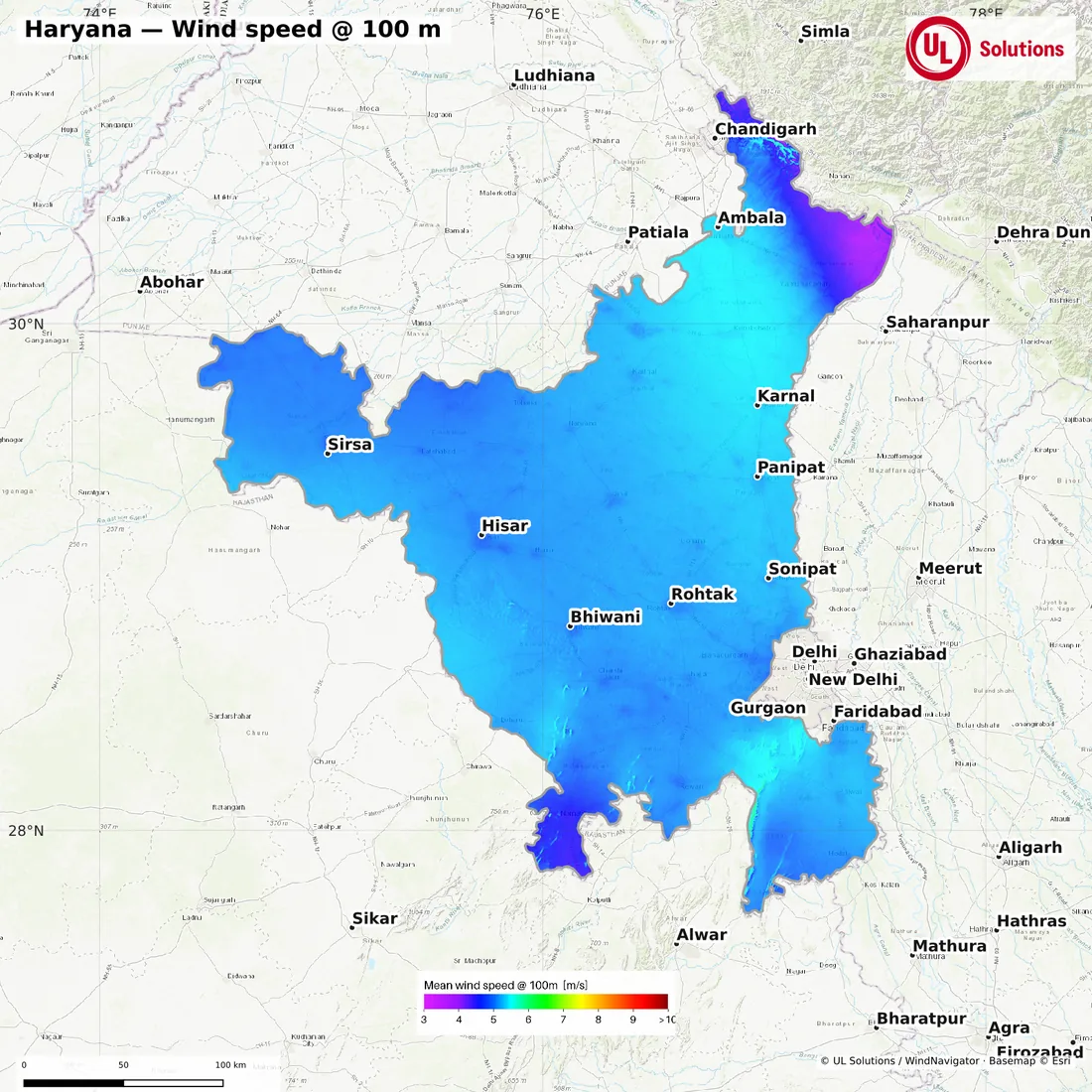 Wind speed map of Haryana at 100m hub height