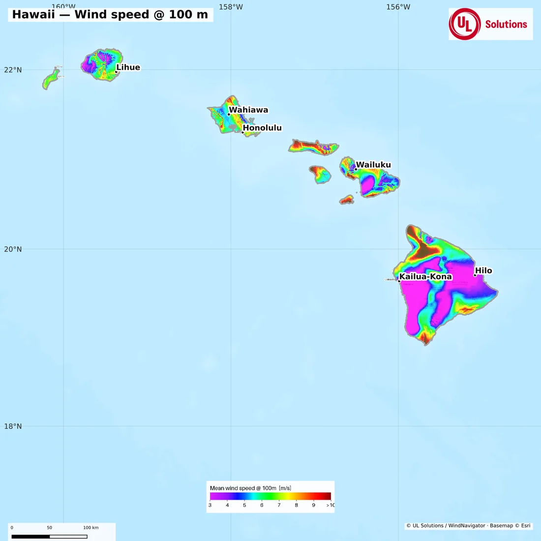 Wind speed map of Hawaii at 100m hub height