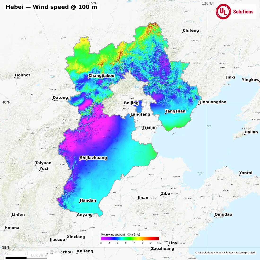 Wind speed map of Hebei at 100m hub height