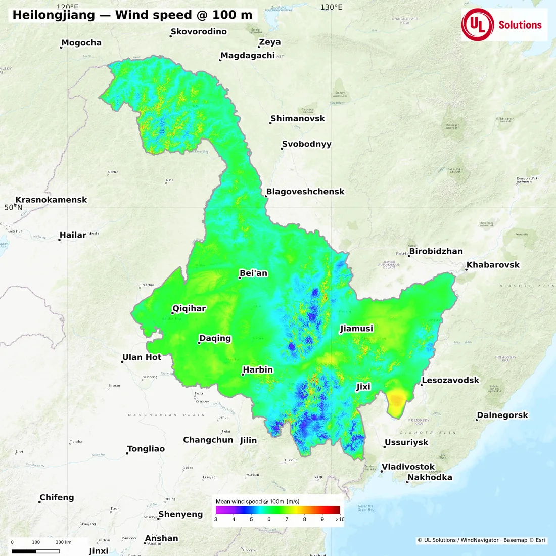 Wind speed map of Heilongjiang at 100m hub height