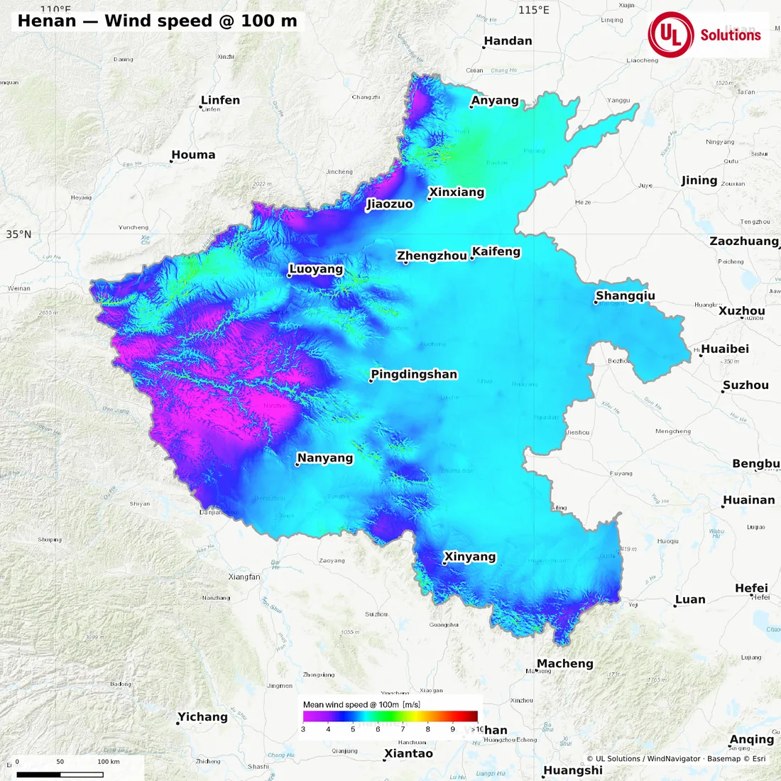 Wind speed map of Henan at 100m hub height