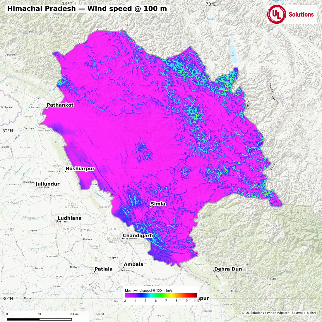 Wind speed map of Himachal Pradesh at 100m hub height
