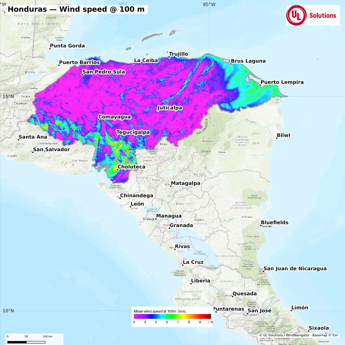 Wind speed map of Honduras at 100m hub height