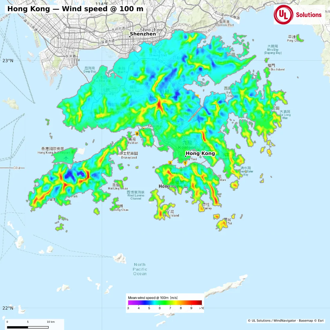 Wind speed map of Hong Kong at 100m hub height