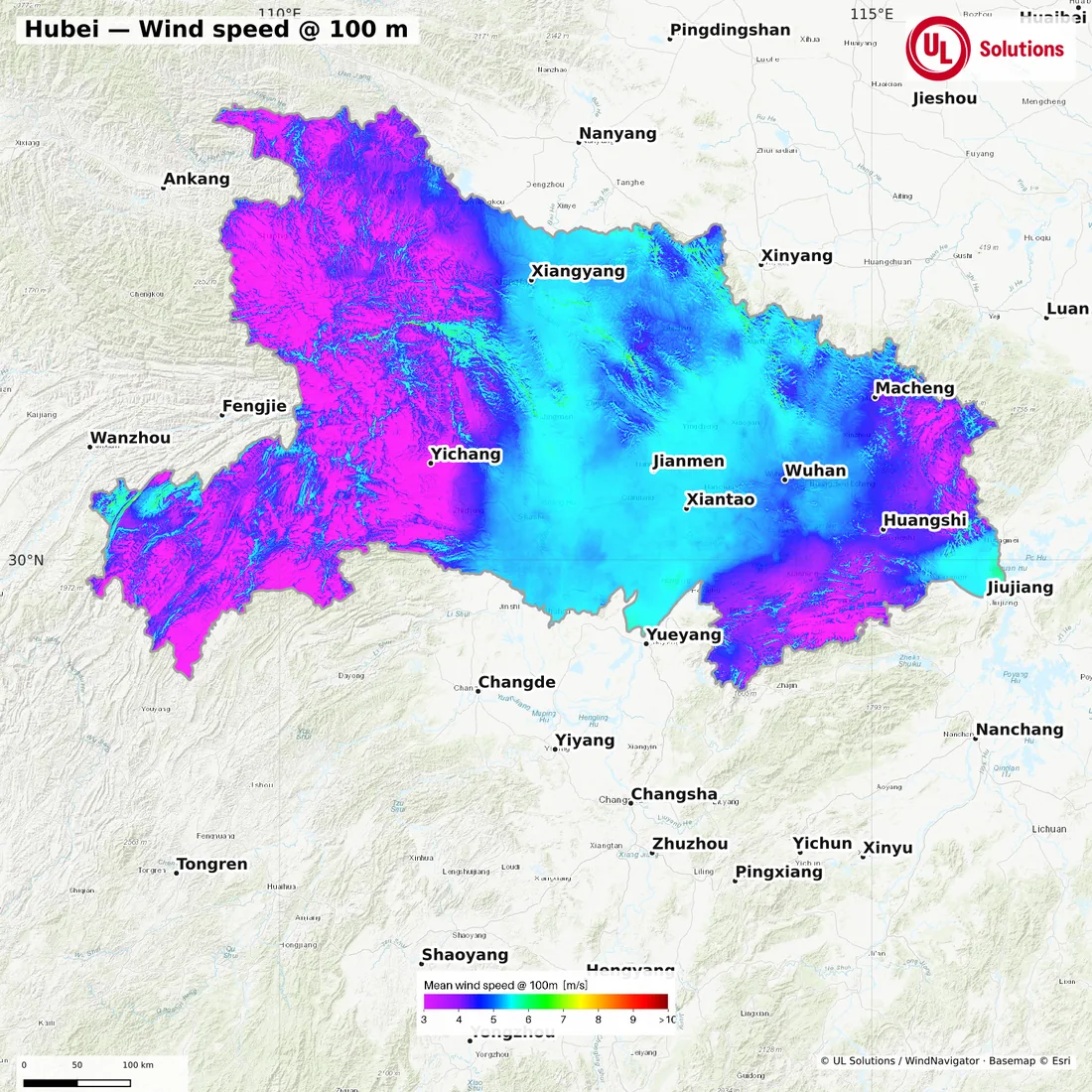 Wind speed map of Hubei at 100m hub height