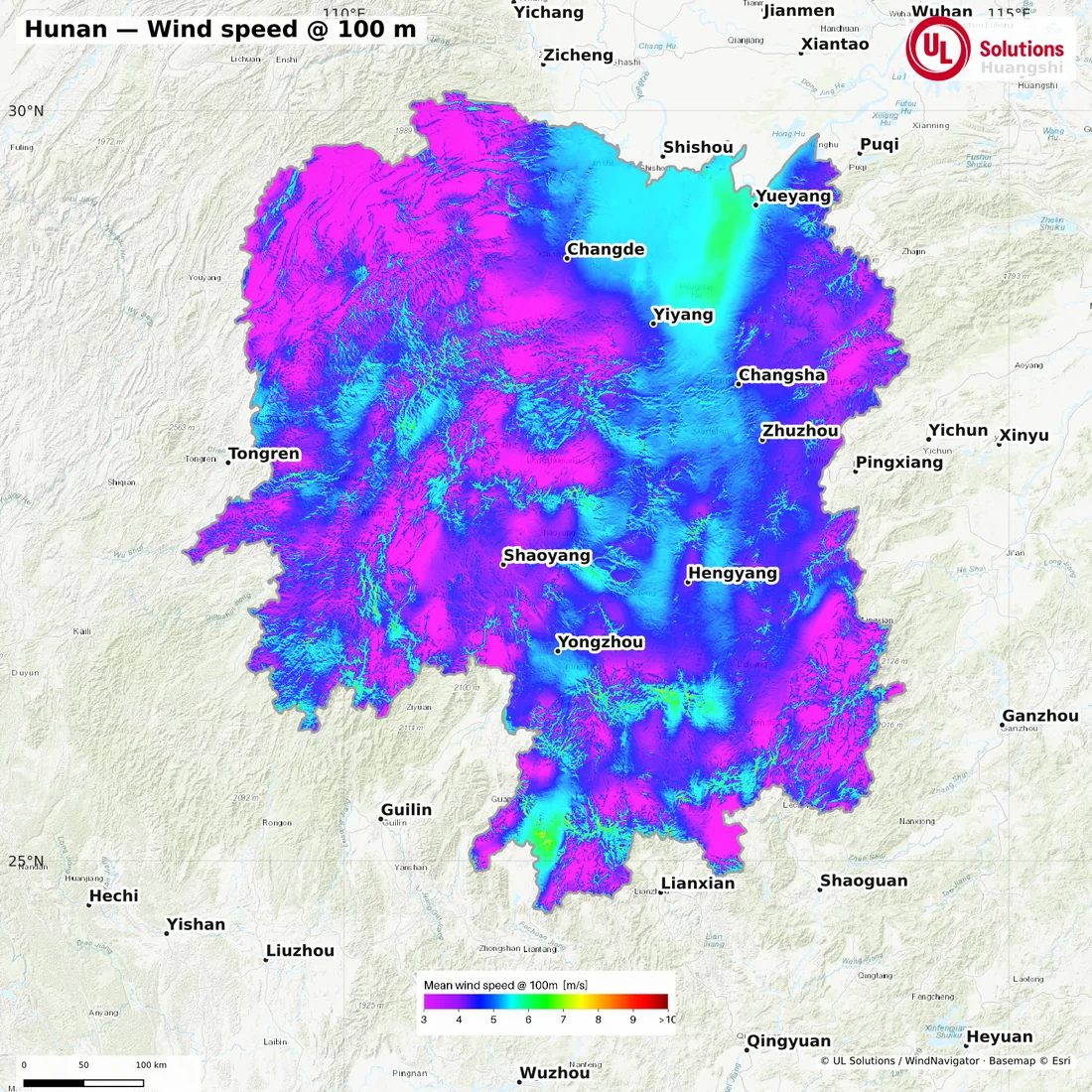 Wind speed map of Hunan at 100m hub height