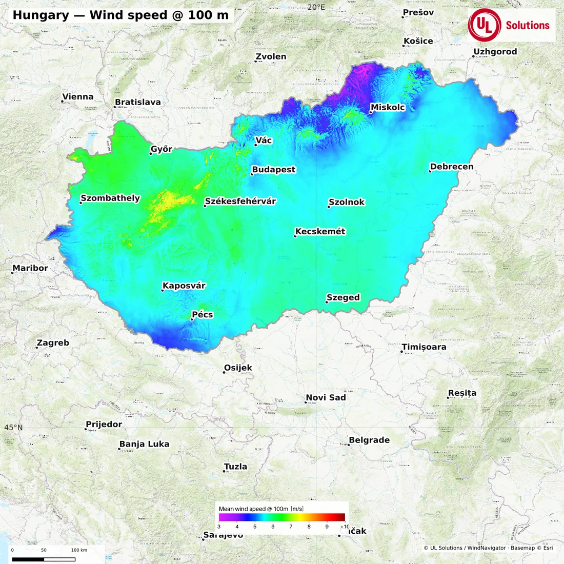 Wind speed map of Hungary at 100m hub height