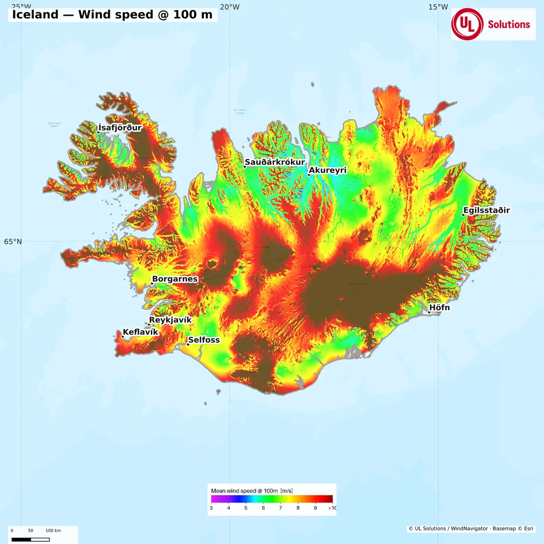 Wind speed map of Iceland at 100m hub height