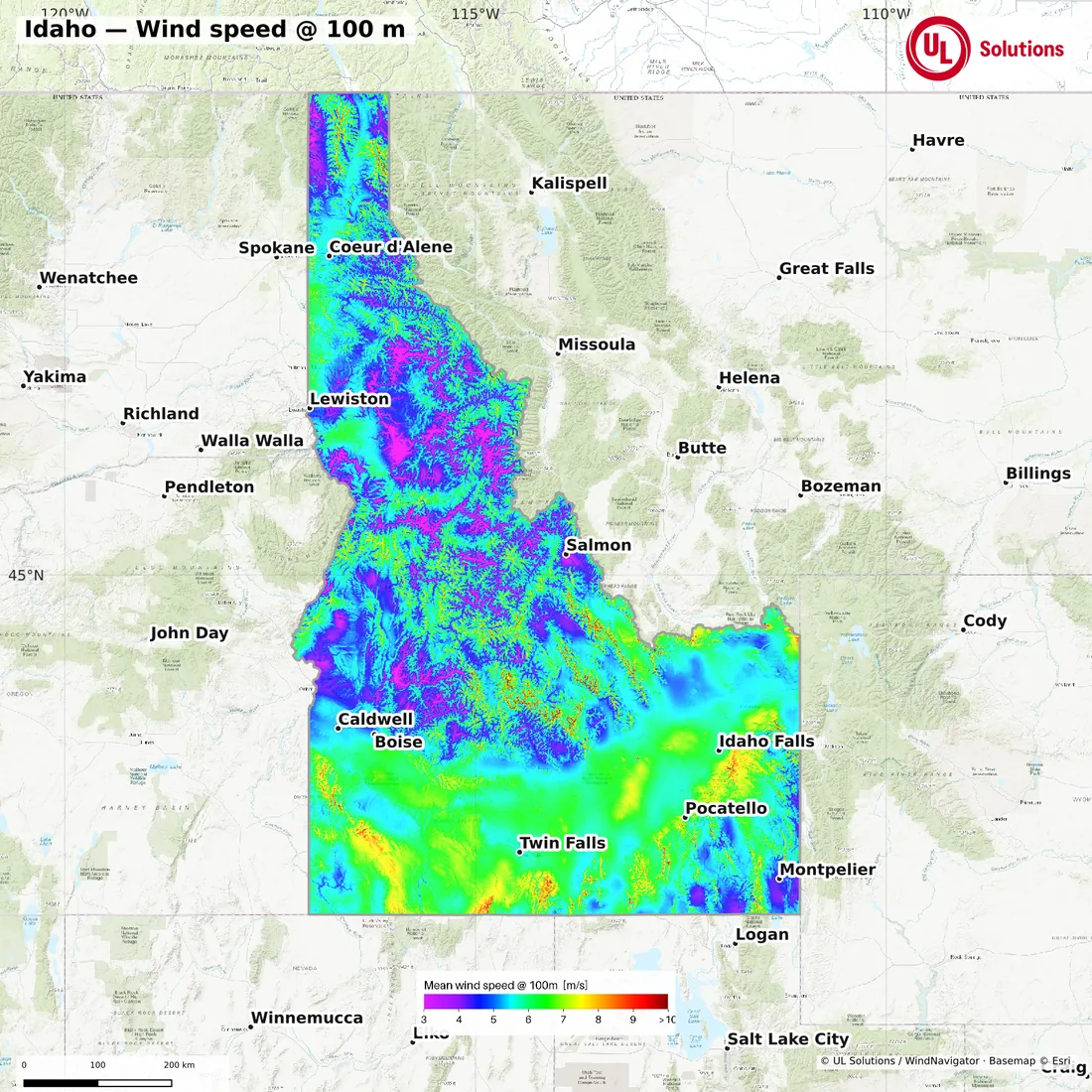 Wind speed map of Idaho at 100m hub height