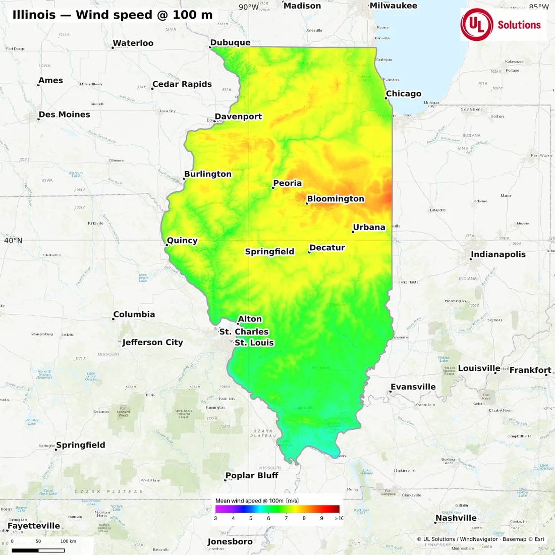 Wind speed map of Illinois at 100m hub height