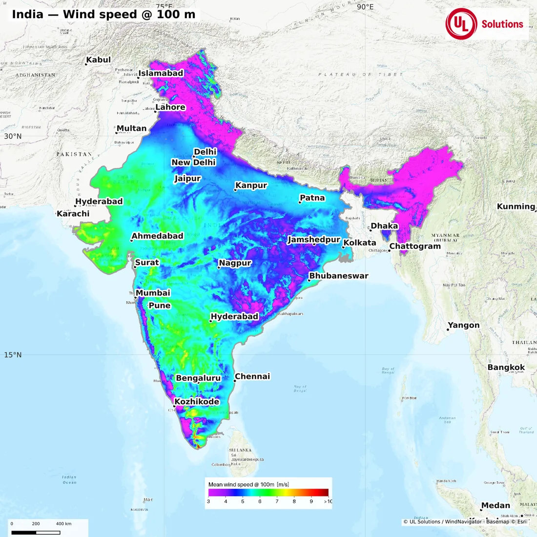 Wind speed map of India at 100m hub height