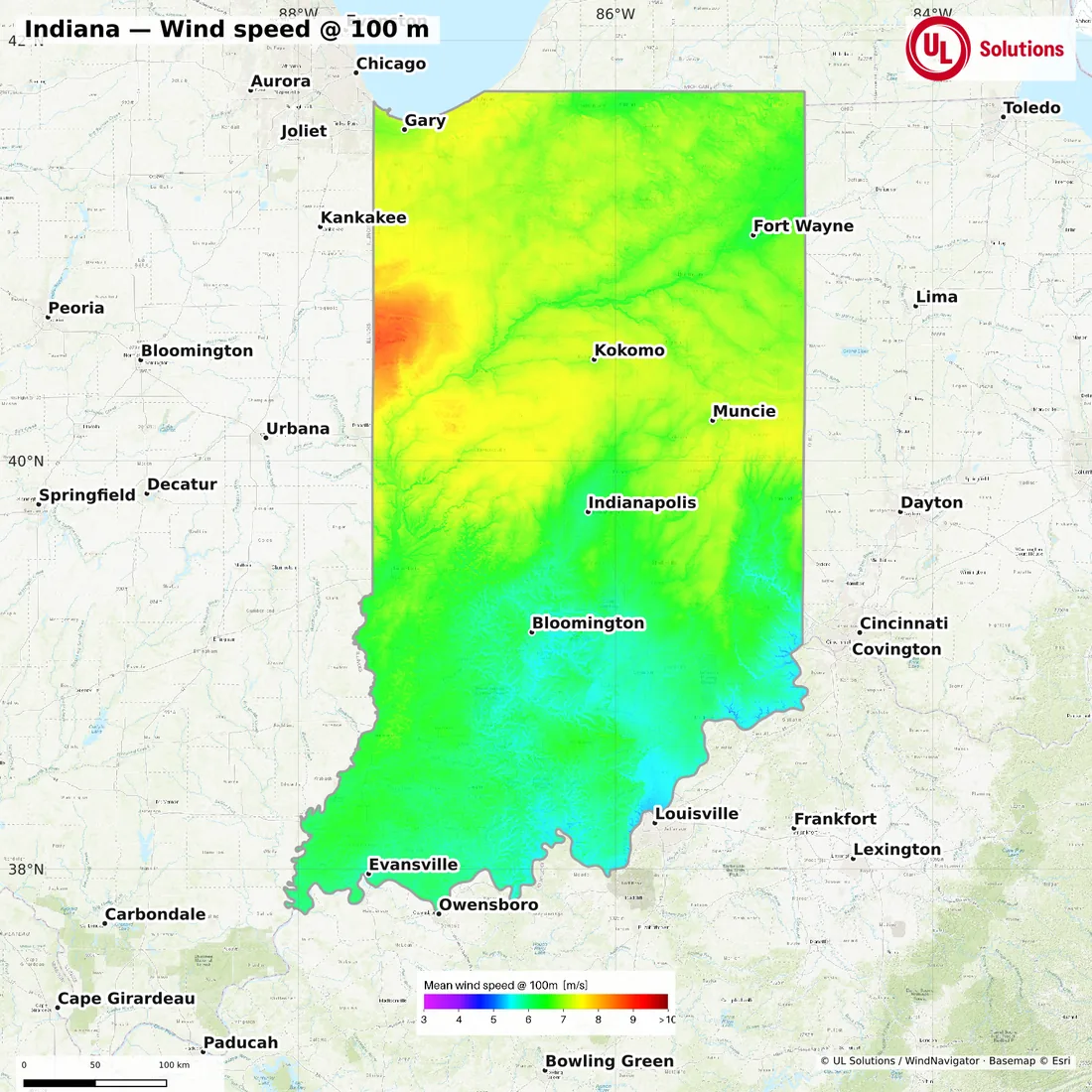Wind speed map of Indiana at 100m hub height