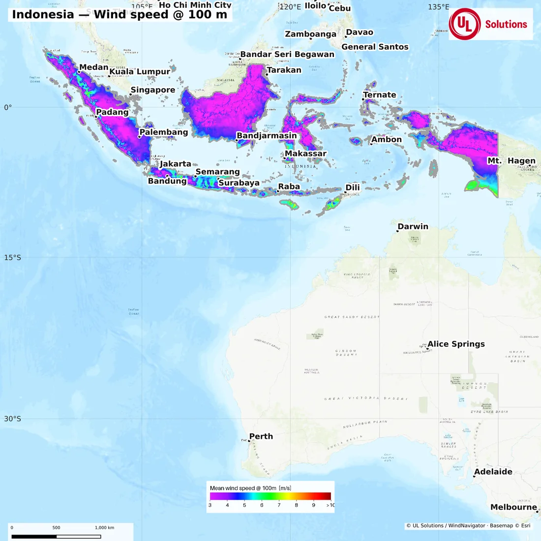 Wind speed map of Indonesia at 100m hub height