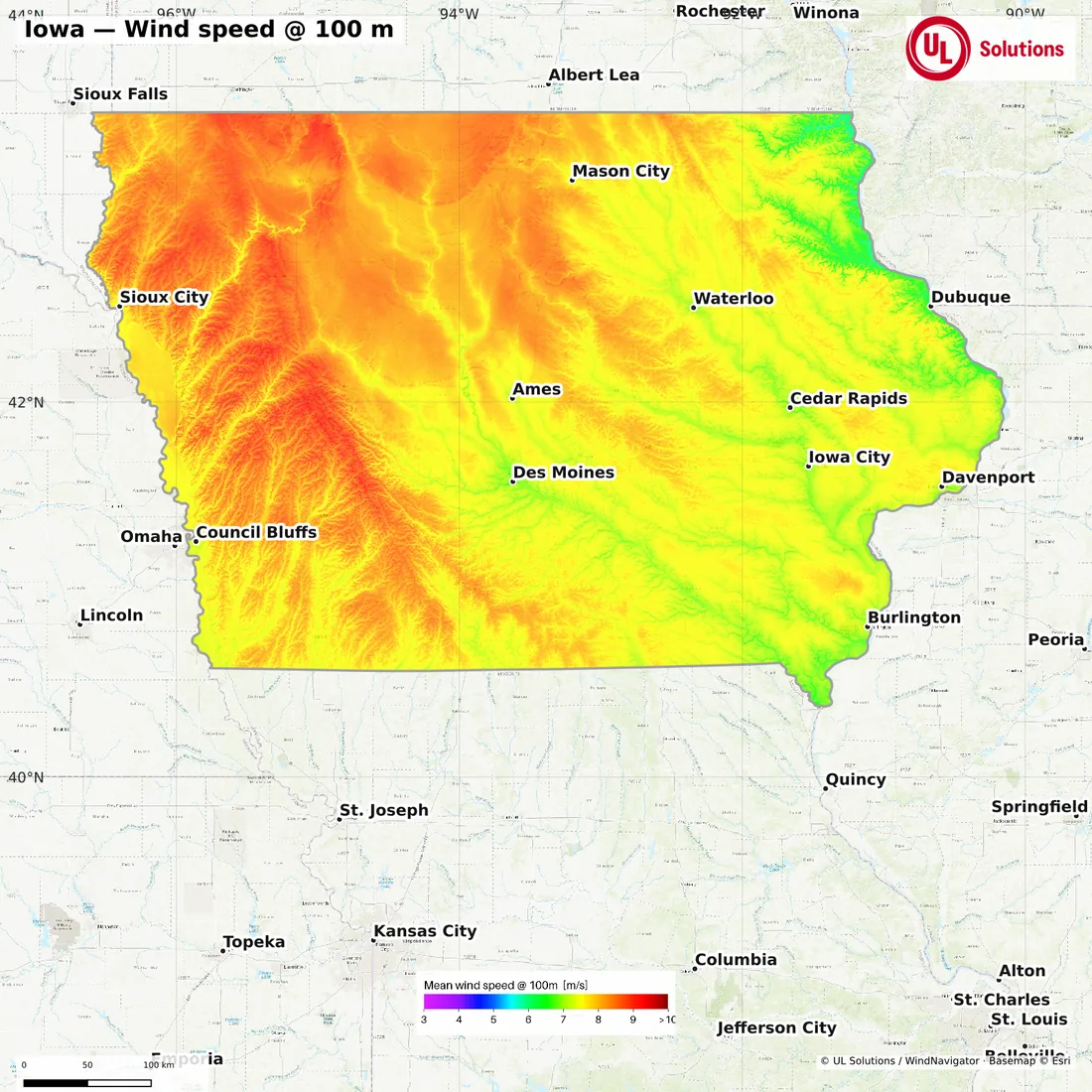 Wind speed map of Iowa at 100m hub height