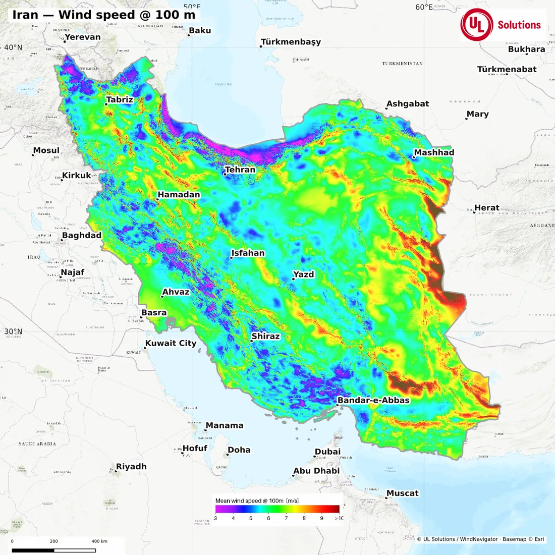 Wind speed map of Iran at 100m hub height