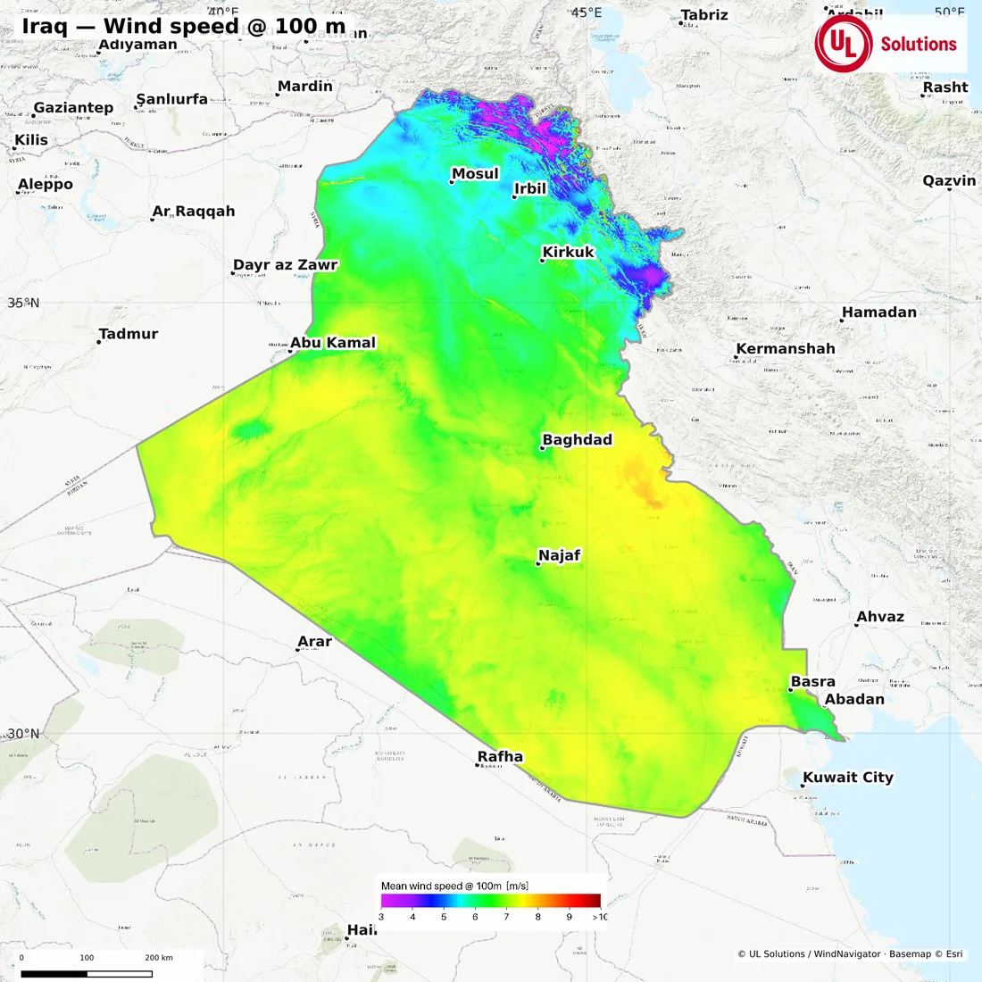Wind speed map of Iraq at 100m hub height