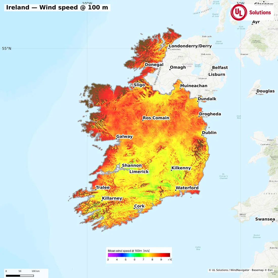Wind speed map of Ireland at 100m hub height