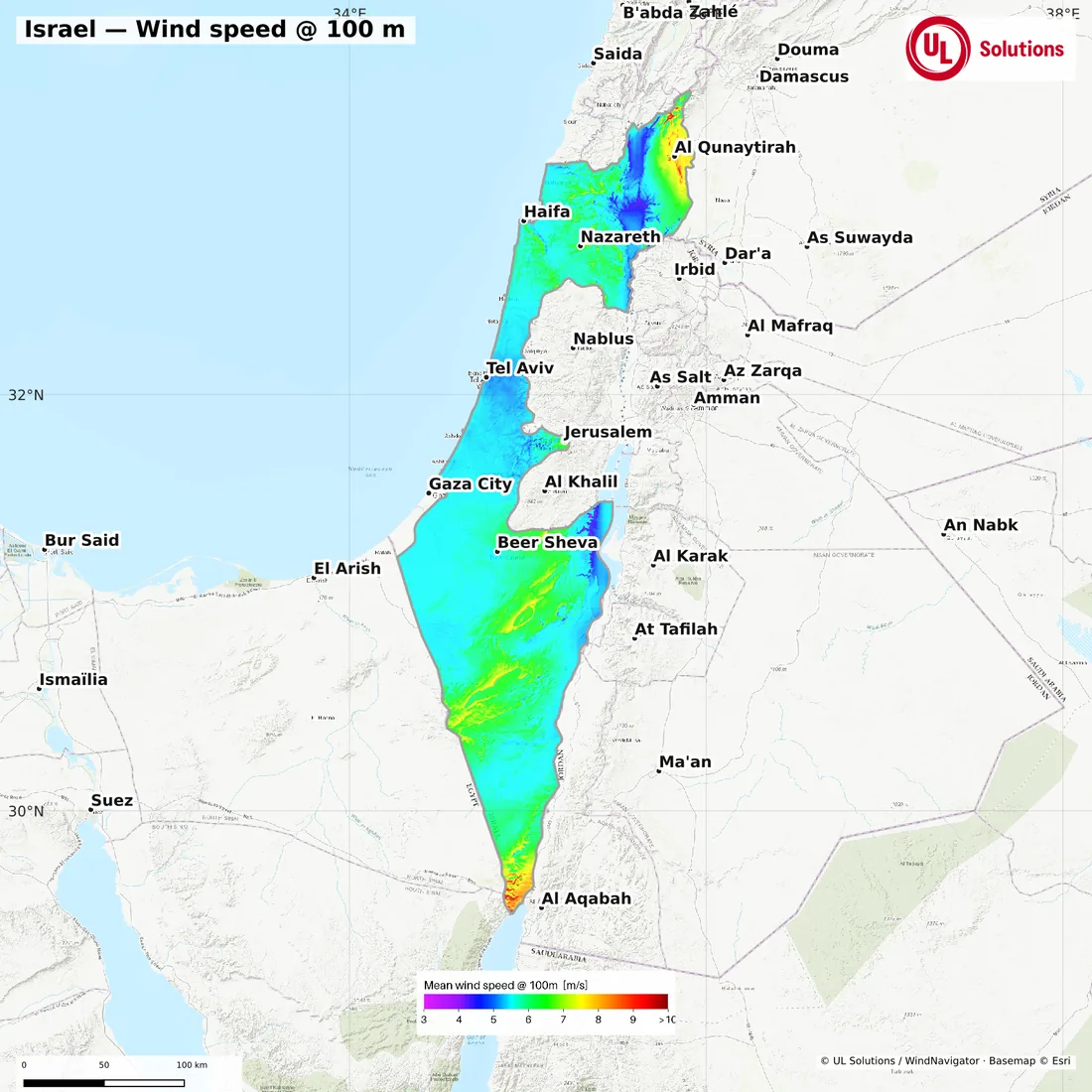 Wind speed map of Israel at 100m hub height