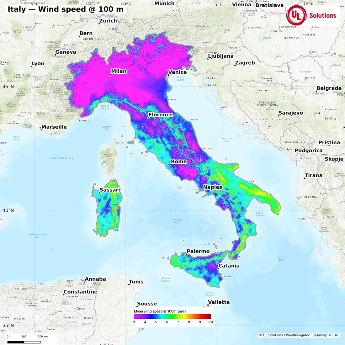 Wind speed map of Italy at 100m hub height