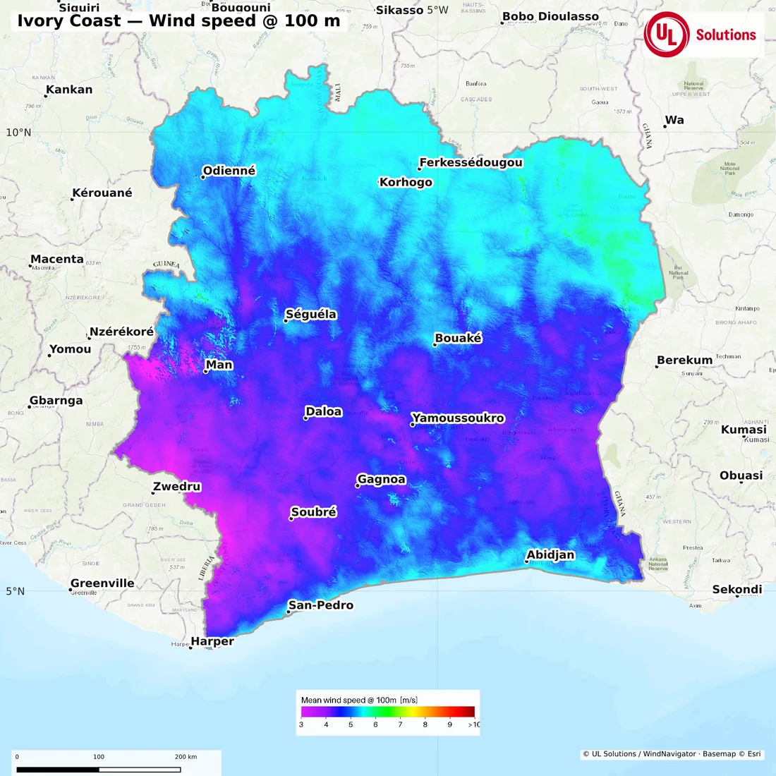 Wind speed map of Ivory Coast at 100m hub height