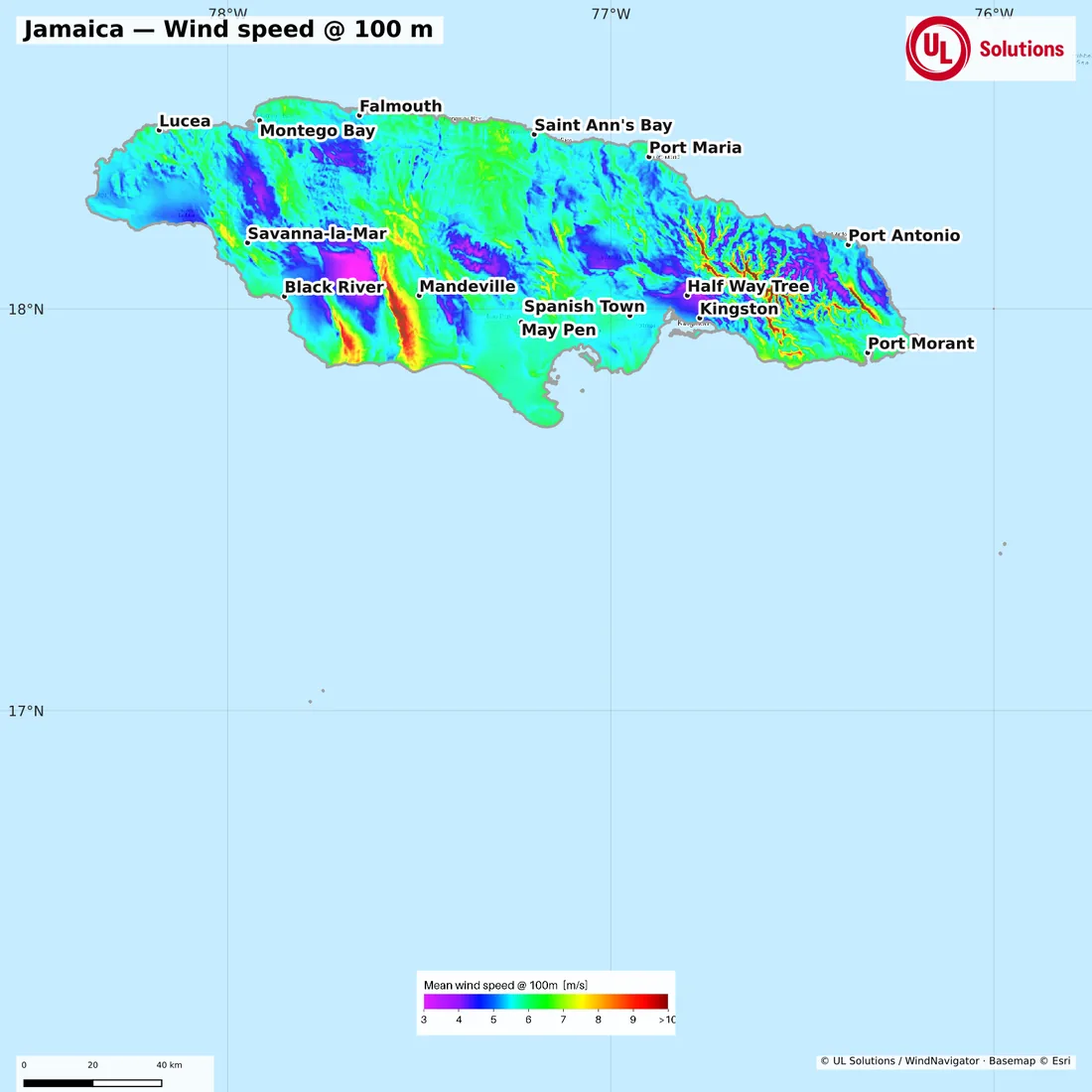 Wind speed map of Jamaica at 100m hub height