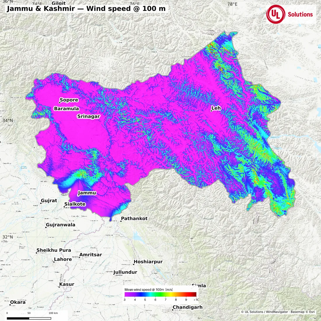 Wind speed map of Jammu & Kashmir at 100m hub height