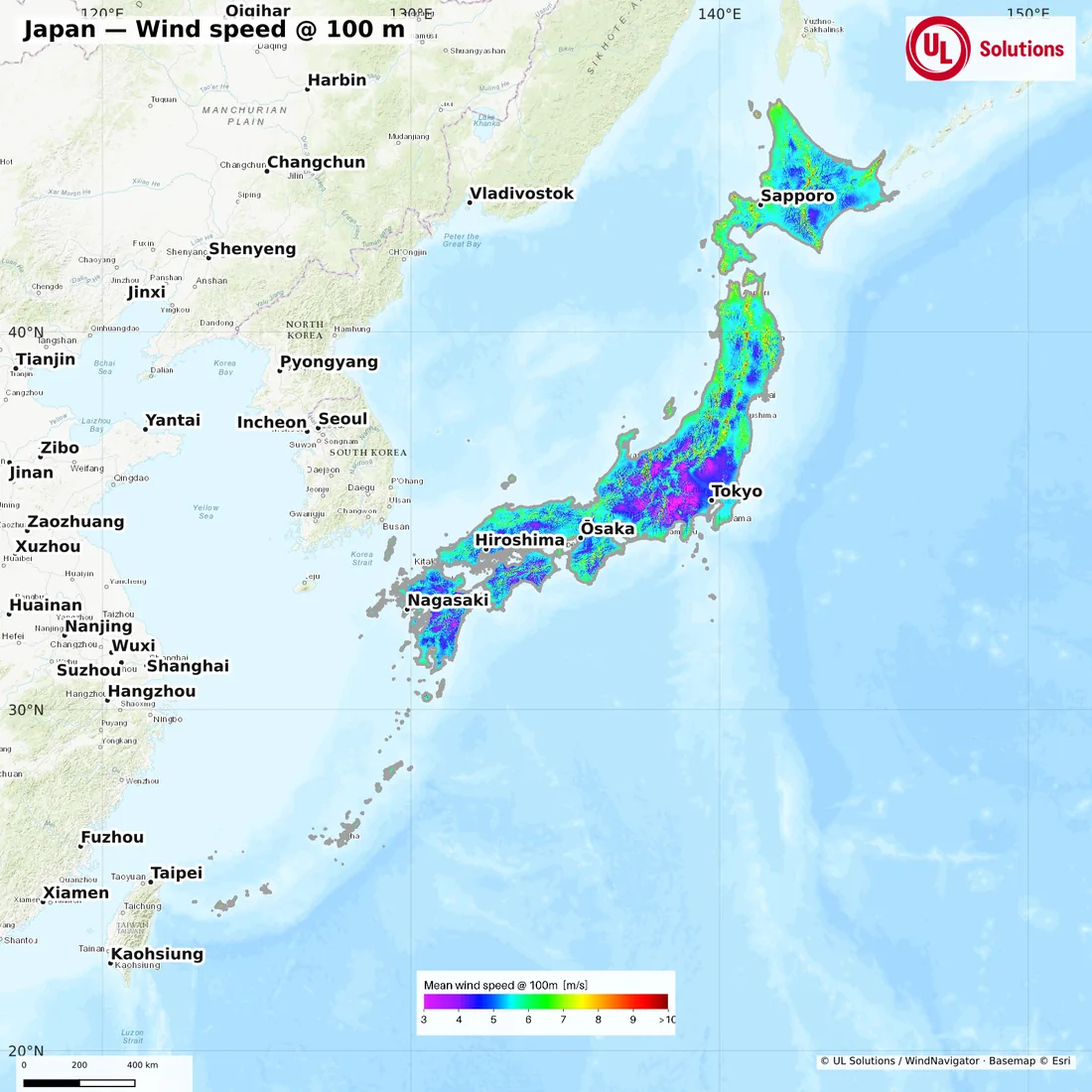 Wind speed map of Japan at 100m hub height