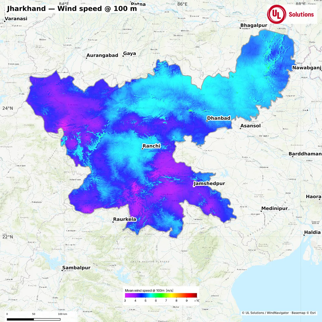 Wind speed map of Jharkhand at 100m hub height