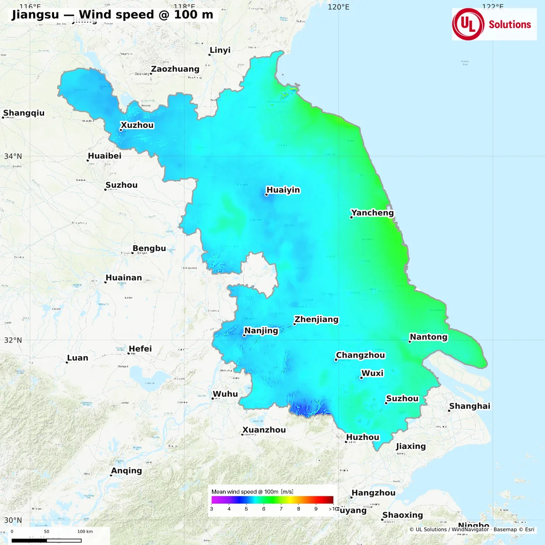 Wind speed map of Jiangsu at 100m hub height
