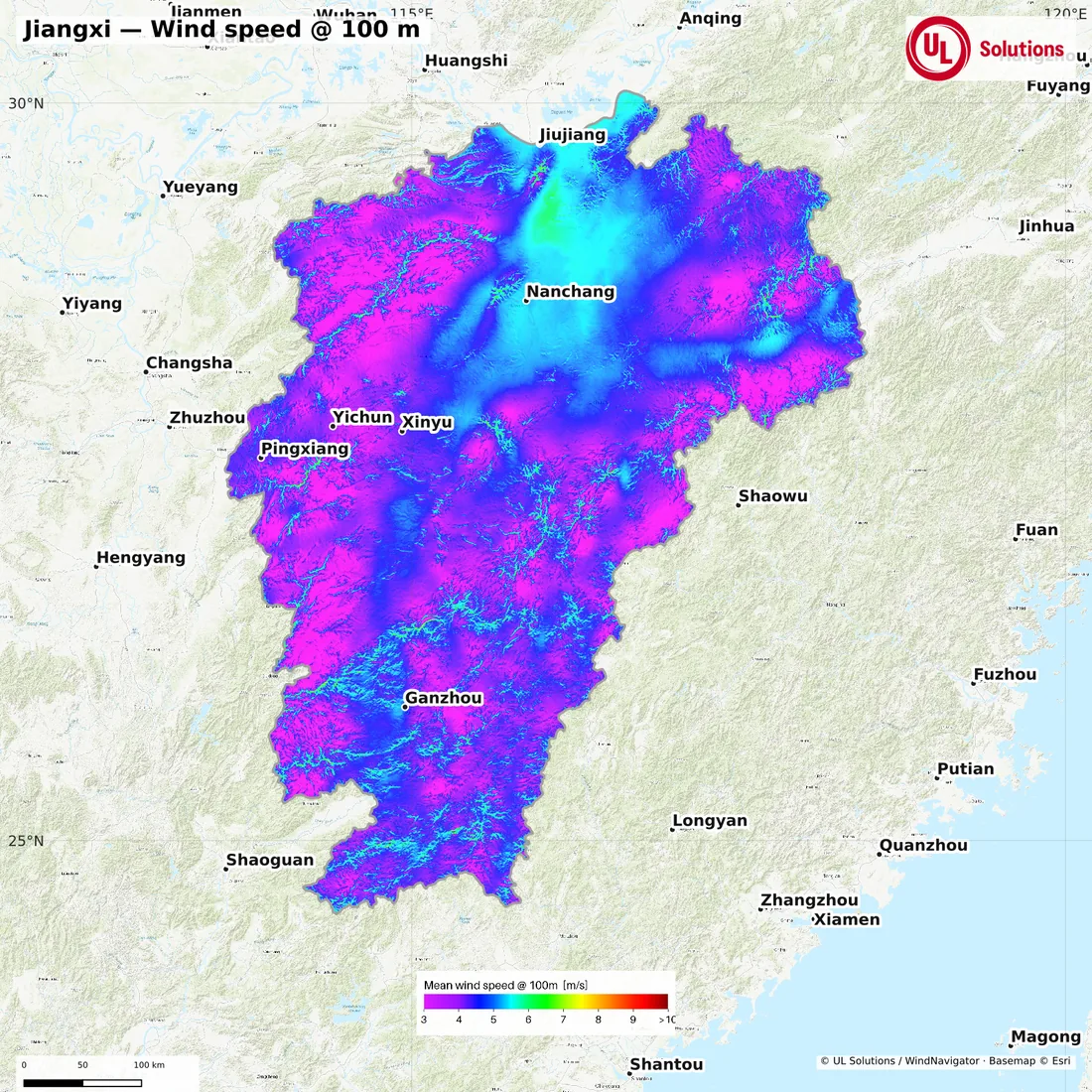 Wind speed map of Jiangxi at 100m hub height