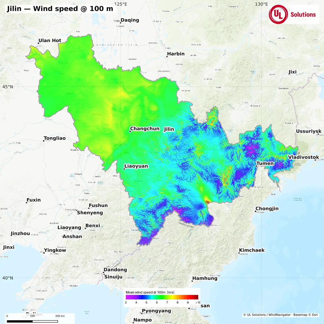 Wind speed map of Jilin at 100m hub height