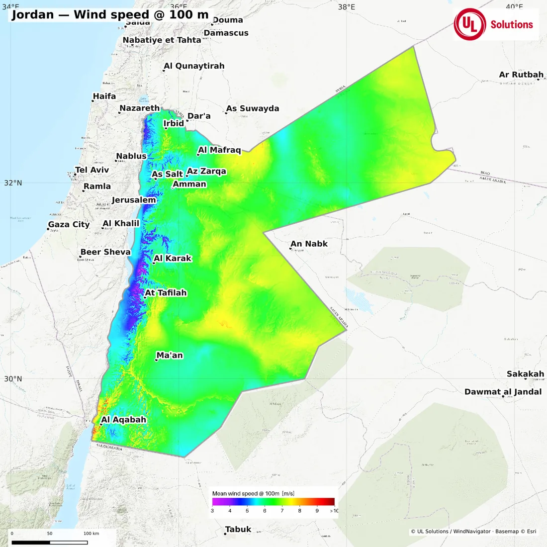 Wind speed map of Jordan at 100m hub height