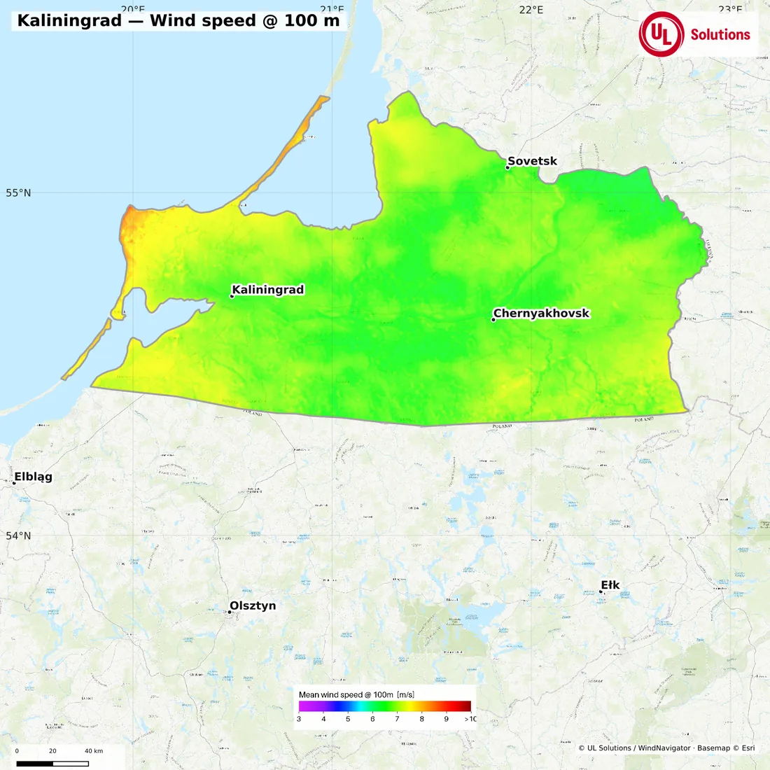 Wind speed map of Kaliningrad at 100m hub height