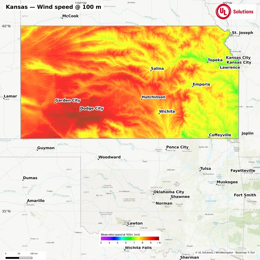 Wind speed map of Kansas at 100m hub height