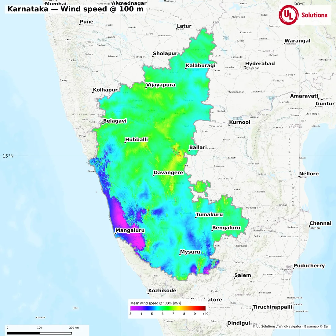 Wind speed map of Karnataka at 100m hub height